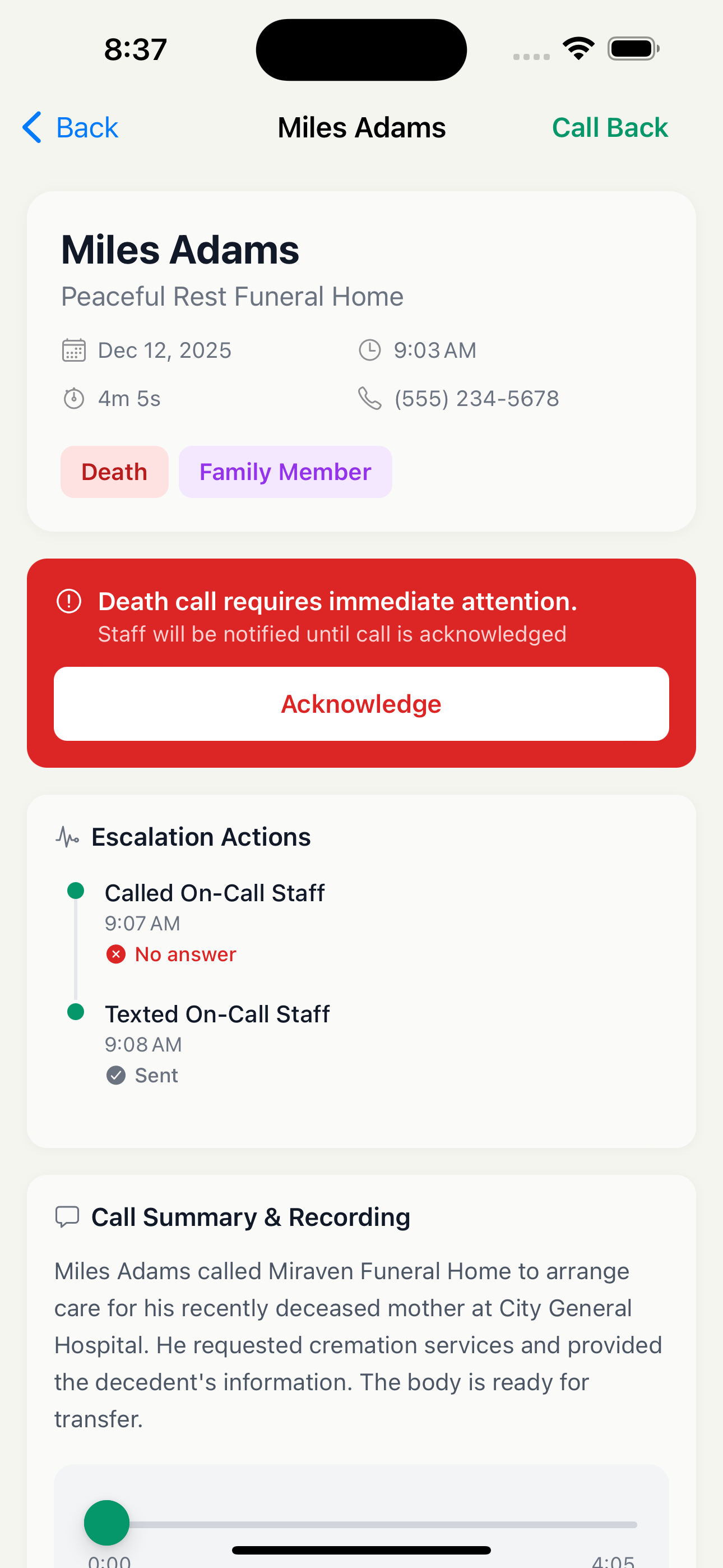 Miraven call detail screen showing a death call escalation and recording summary.